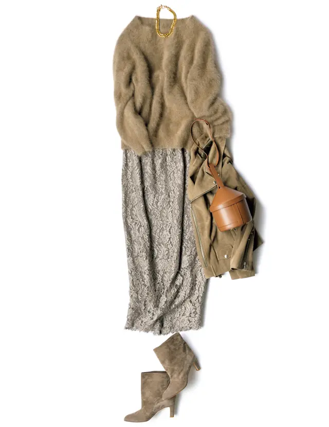 タートルニット　ナロー系スカート　洗練ワントーン