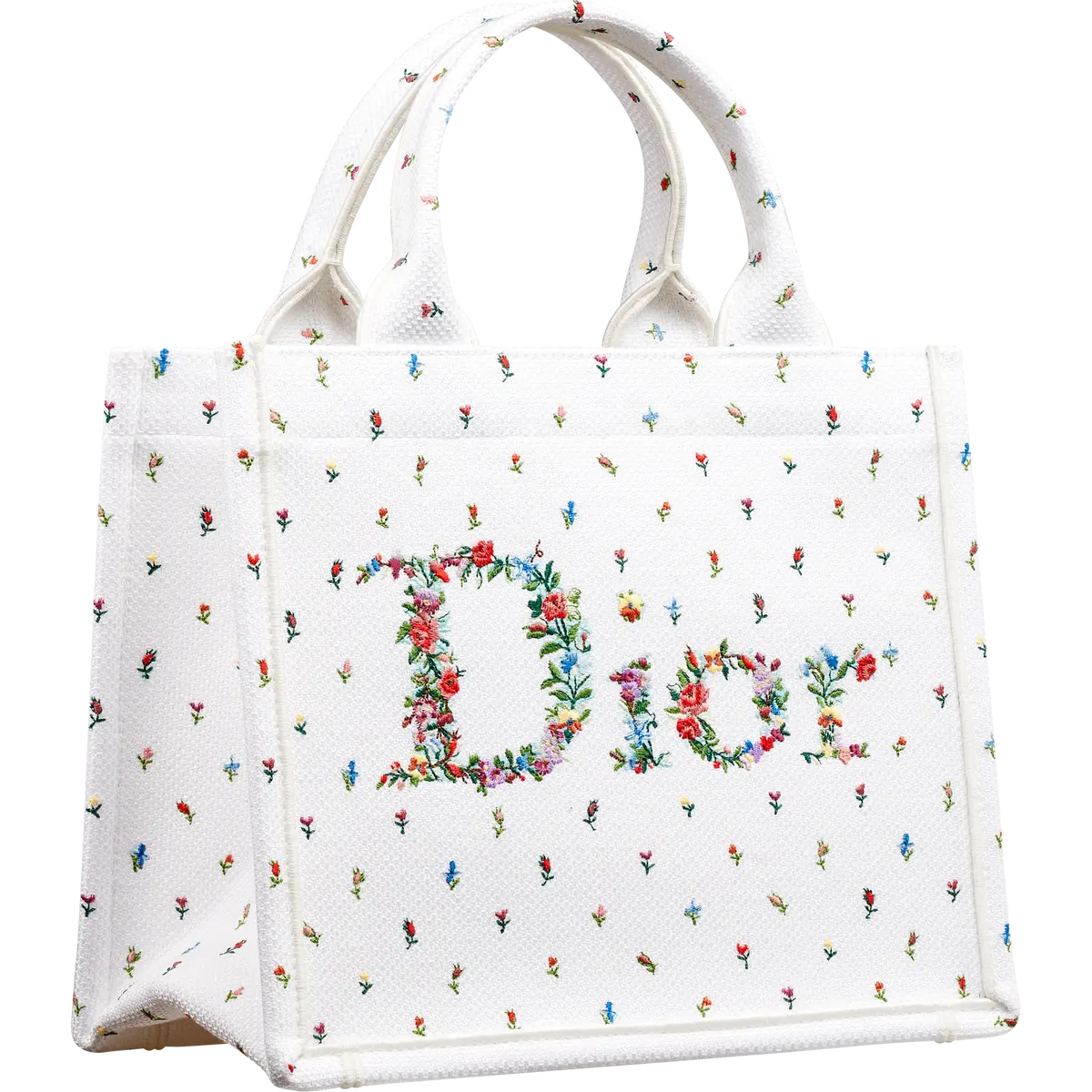 ディオール ブックトート スモールサイズ 伊勢丹新宿店限定　白地にカラフルな小花が散りばめられた柄で、バッグ前面の中央に花で模ったDiorの文字入りのトートバッグ