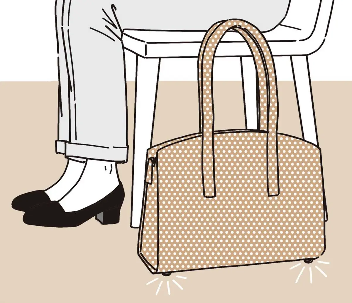 バッグは足元の床に直（じか）置きか椅子の背に置く