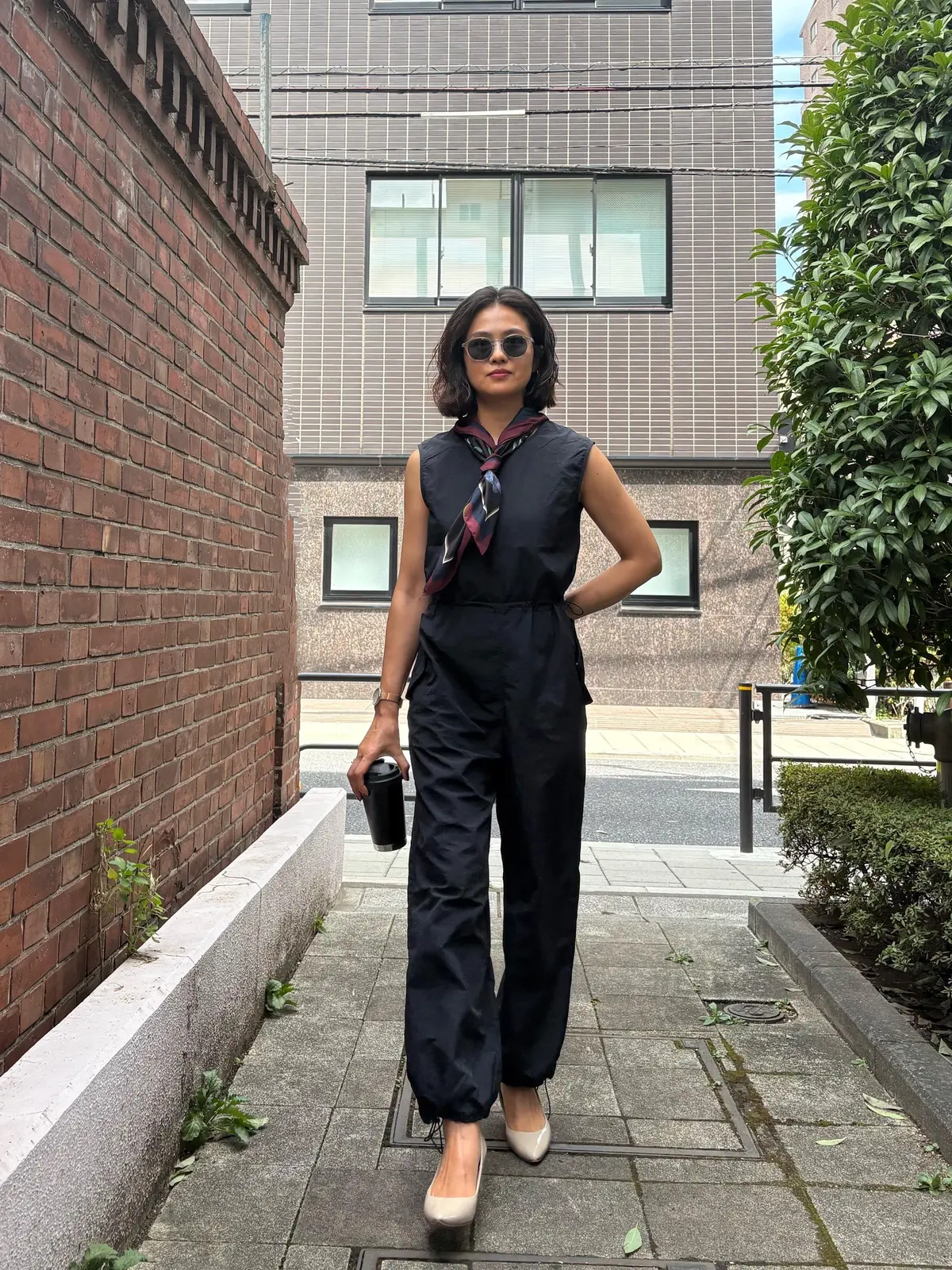 秋コーデ　スカーフ　オールインワン