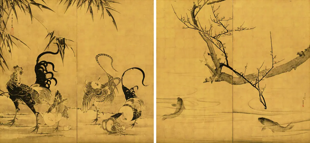 (右)円山応挙『梅鯉図屛風』　天明7（1787）年　二曲一隻　紙本金地墨画 (左)伊藤若冲『竹鶏図屛風』　寛政2（1790）年以前　二曲一隻　紙本金地墨画