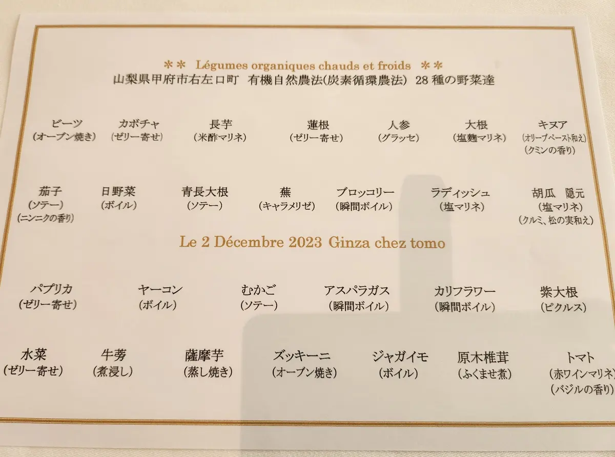 季節の前菜は山梨県産の有機野菜の盛り合わせです。