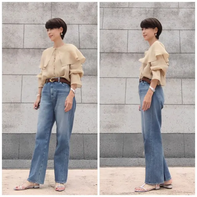 デニムパンツ　ラミーシャツ　　サンダル