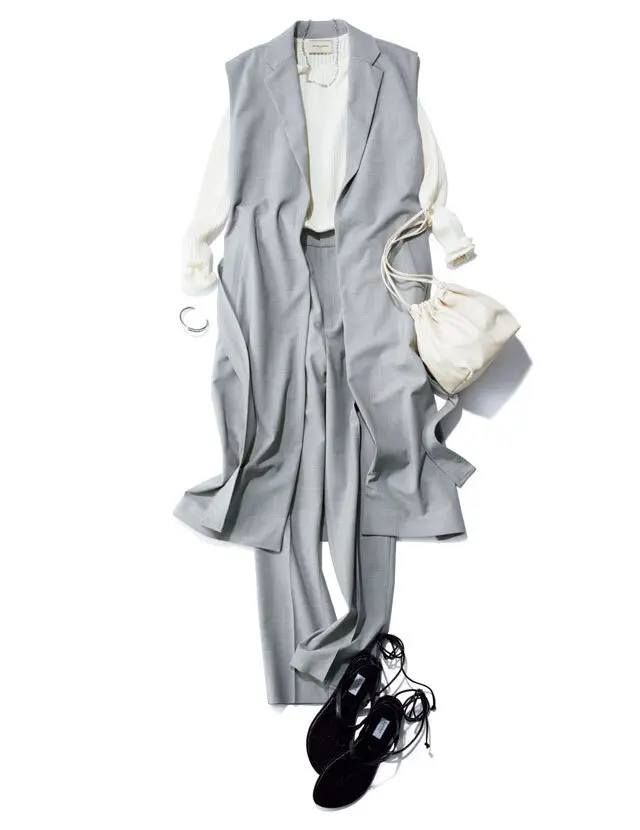 パンツの脚長効果をねらうなら、ロングジレをセットで着てスタイルとおしゃれ度もアップ