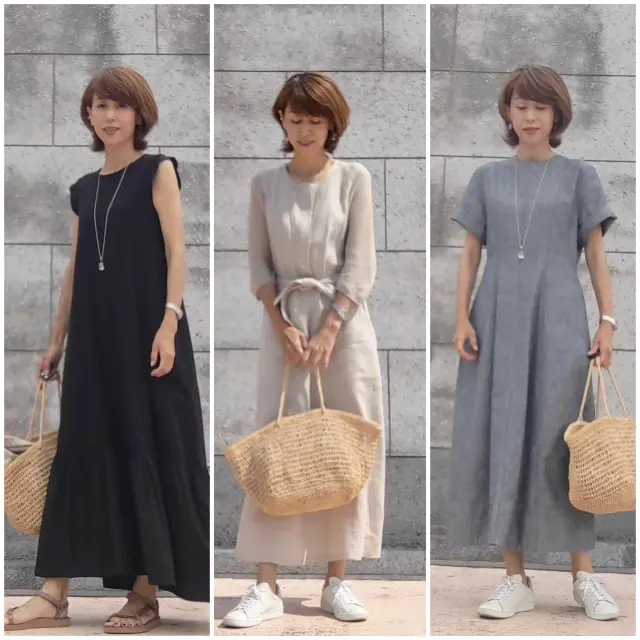ワンピース　カジュアル　カットソ－地　綿　麻　コットン　リネン
