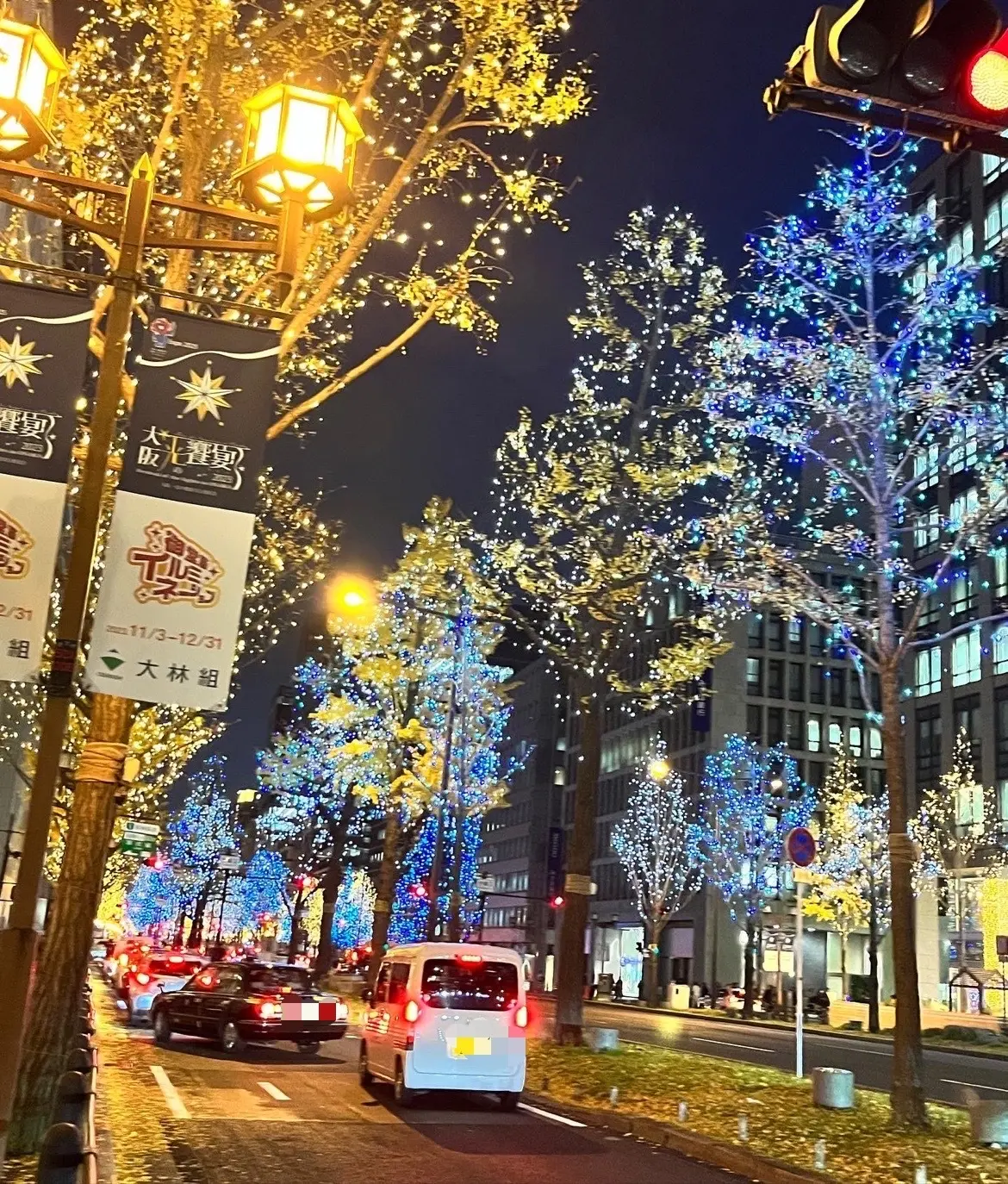 大阪御堂筋、淀屋橋付近のイルミネーション。阪神前交差点から難波西口交差点まで続きます。