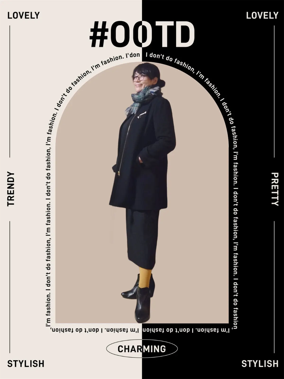 黒コートに黒スカートとマスタードイエローのタイツコーデ