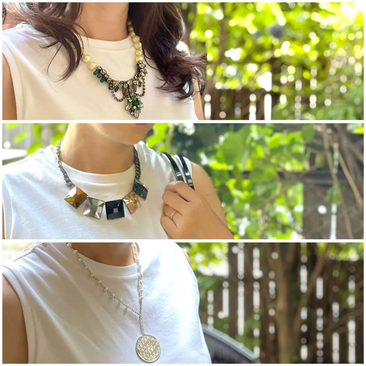 ユニクロ白ノースリーブTシャツにネックレスを合わせたコーディネート３パターン