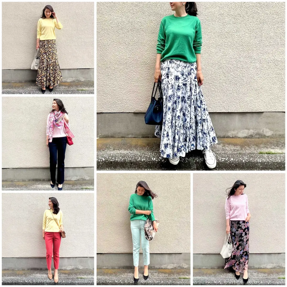 ユニクロのピンクニット、グリーンニット、イエローニット、を使ったコーディネート６つ