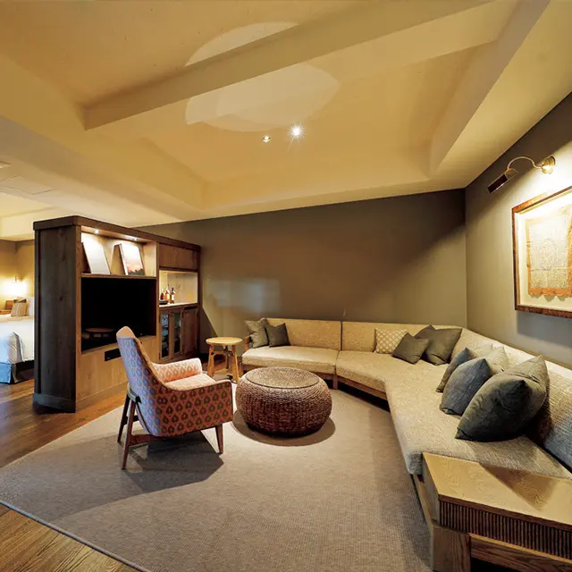 広々としたワンルームを本棚で仕切ったプレシャススイート