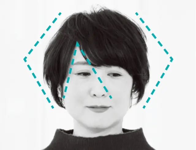 フォルムは王道ひし形、顔の内側はサイドにずらしたひし形に