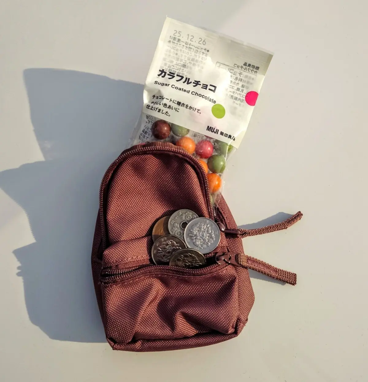無印良品ミニリュックにカラフルチョコと小銭