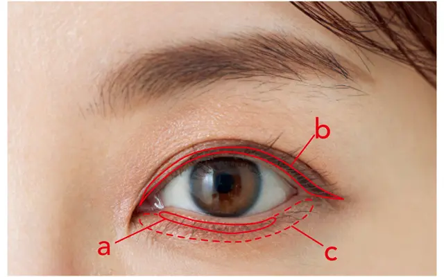 下も、目頭中心に細くピンクを