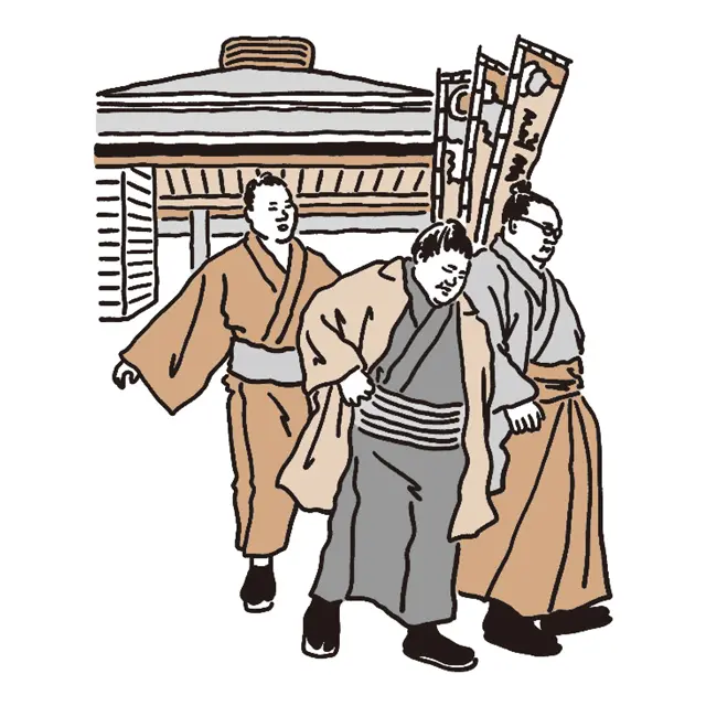 入り待ちでは 力士の鮮やかな きもの姿が眼福