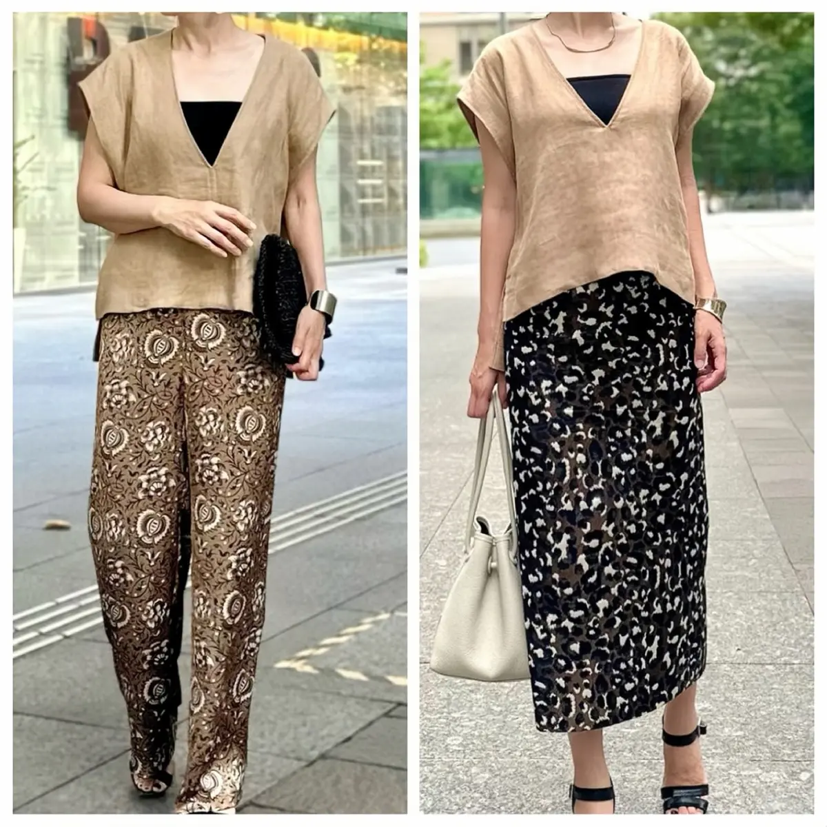 エクラプレミアムのキャメルの「リネンコンパクトジレ」、柄物ワイドパンツ、柄物タイトスカート