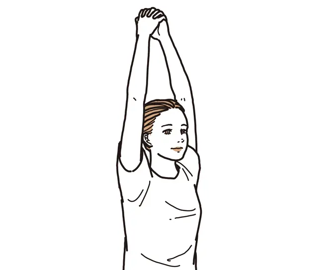 腕を上げ、頭の上で手を組む