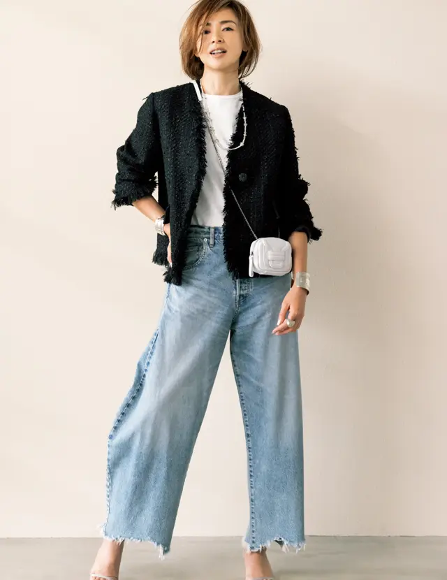 ノーカラーのツイードで理想のデニムカジュアルが完成！