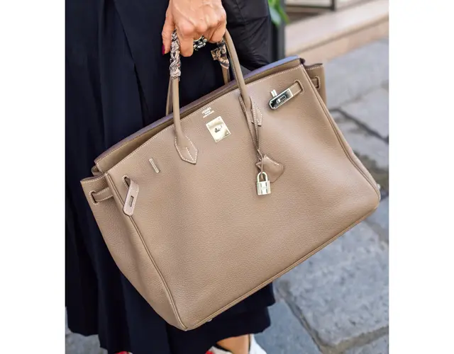 グレージュのエルメスのバーキンで黒いドレス姿をナチュラルに