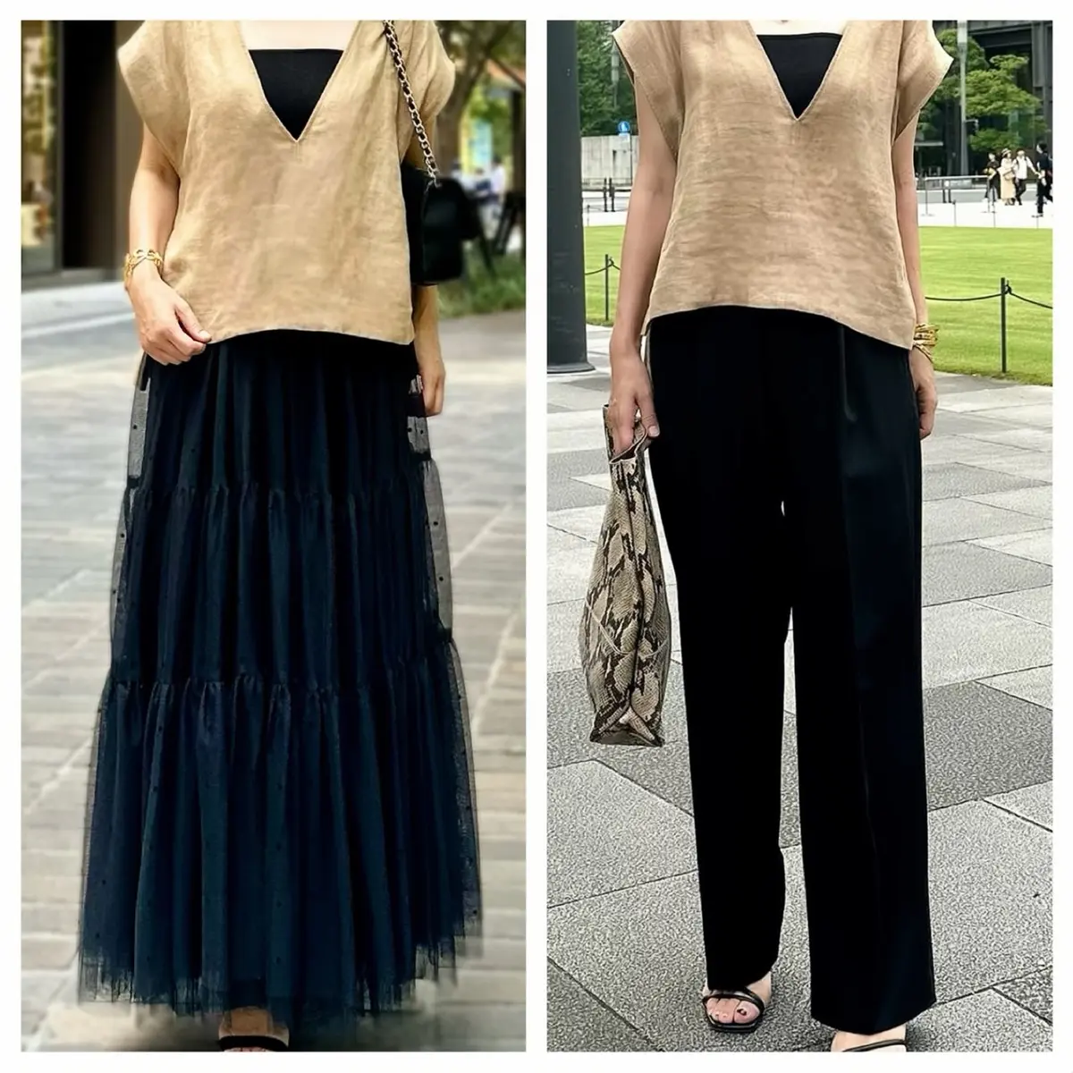 エクラプレミアムのキャメルの「リネンコンパクトジレ」、黒のチュールスカート、黒のタックパンツ