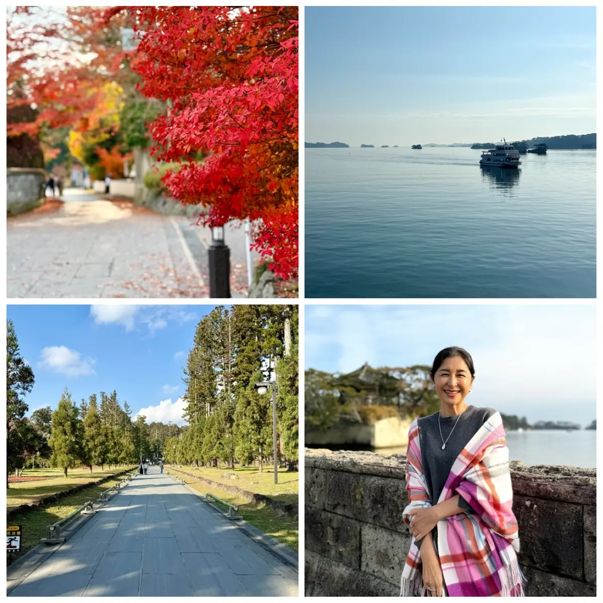 宮城県松島　紅葉　松島海岸　瑞巌寺の参道　ストールコーデ