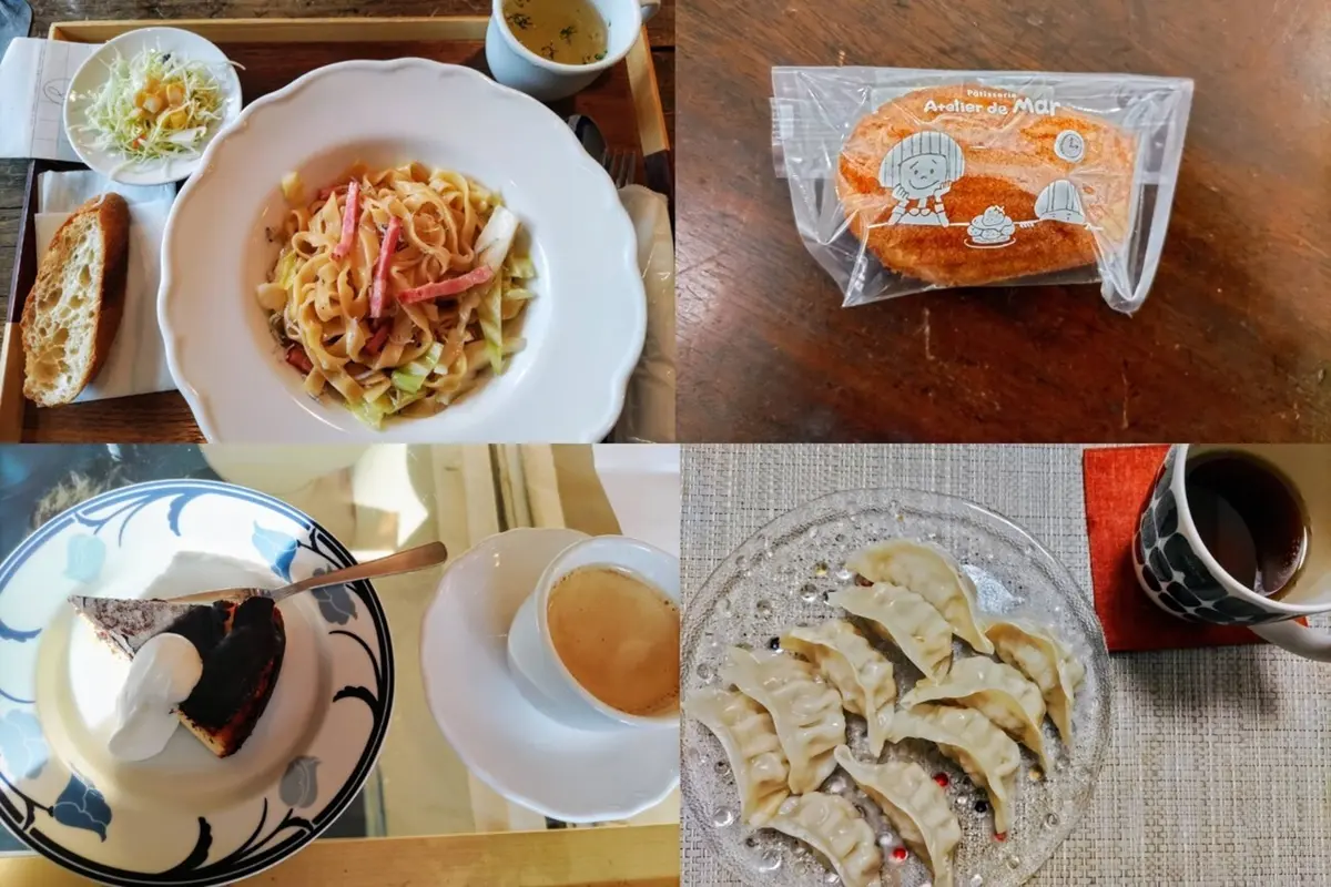 OurAge×Webエクラ　基本的に朝食は食べません。 昼食：パスタ（ミニサラダ、パン、スープ付き） 間食：マドレーヌ、さらにカフェでコーヒーとバスクチーズケーキ 夕食：ハーブティーと餃子