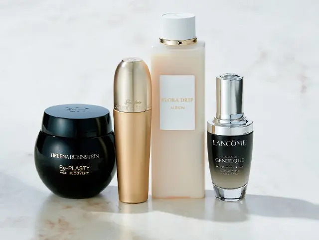 ランコムのジェニフィック アドバンスト N、アルビオンのフローラ ドリップ、ゲランのオーキデ アンペリアル ザ ナイトセロム、ヘレナ ルビンスタインのリプラスティ R.C. クリーム