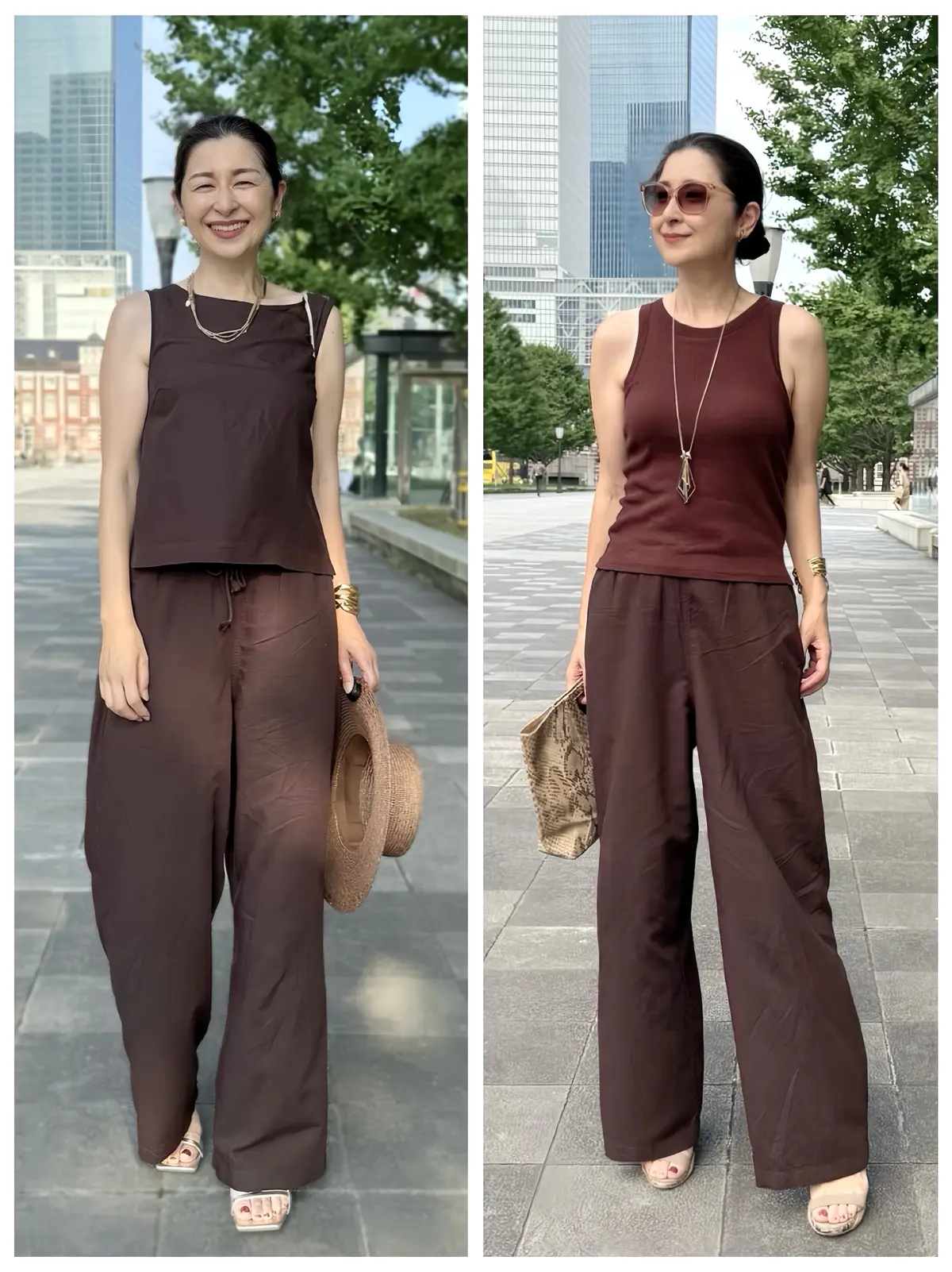 ユニクロ　アラフィフコーデ　50代　茶のリネンブレンドイージパンツ　セットアップ　茶のブラトップ　茶のノースリーブブラウス