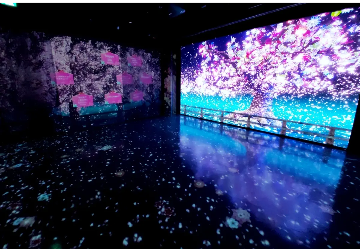 人の動きに合わせて動く床の桜吹雪