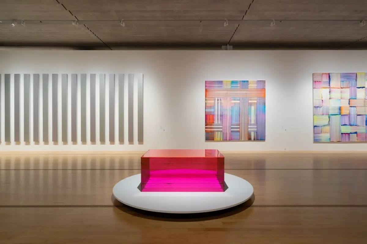 本展で新収蔵された絵画も展示／セクション 7「色彩の共鳴」、セクション 9「色彩と空間」ベルナール・フリズ、ドナルド・ジャッド、桑山忠明　※初公開作品 ベルナール・フリズ《Ijo》2020 年（右から 2 番目）Photo: Ken Kato© Bernard Frize / ADAGP, Paris, 2024 Courtesy of the artist and Perrotin