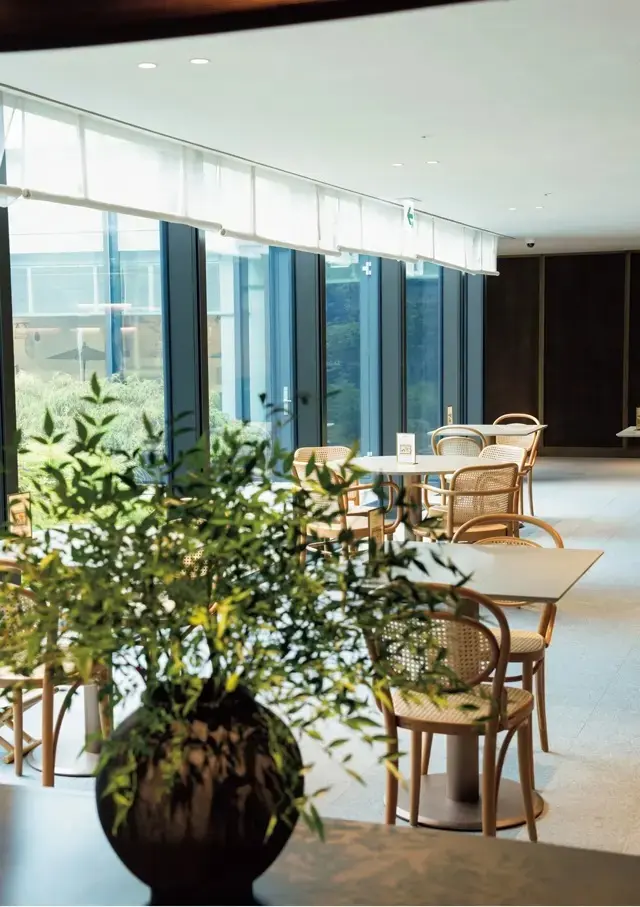 中庭を望む広い店内。