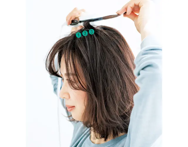 頭頂部の3カ所に①→②の工程を