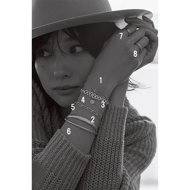 大ぶりをガツンとひとつ、もいいけれど、華奢なイ エローゴールドをこまやかに連ねると、よりセンス がきわだつ