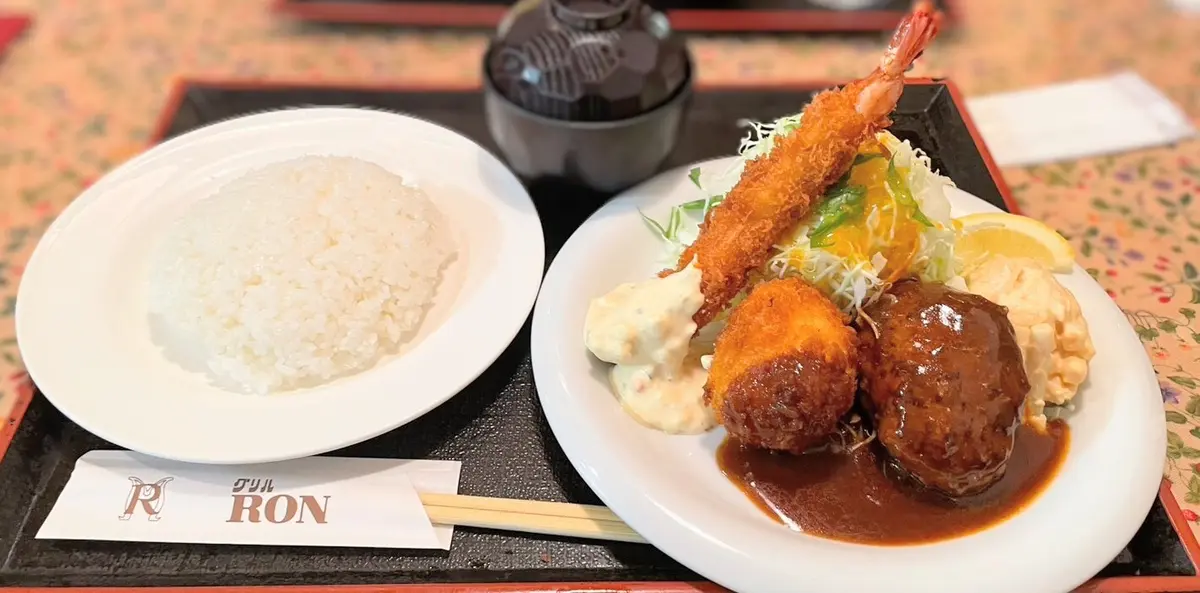 阪急3番街　洋食グリルRON　エビフライ　ハンバーグ　カニクリームコロッケ