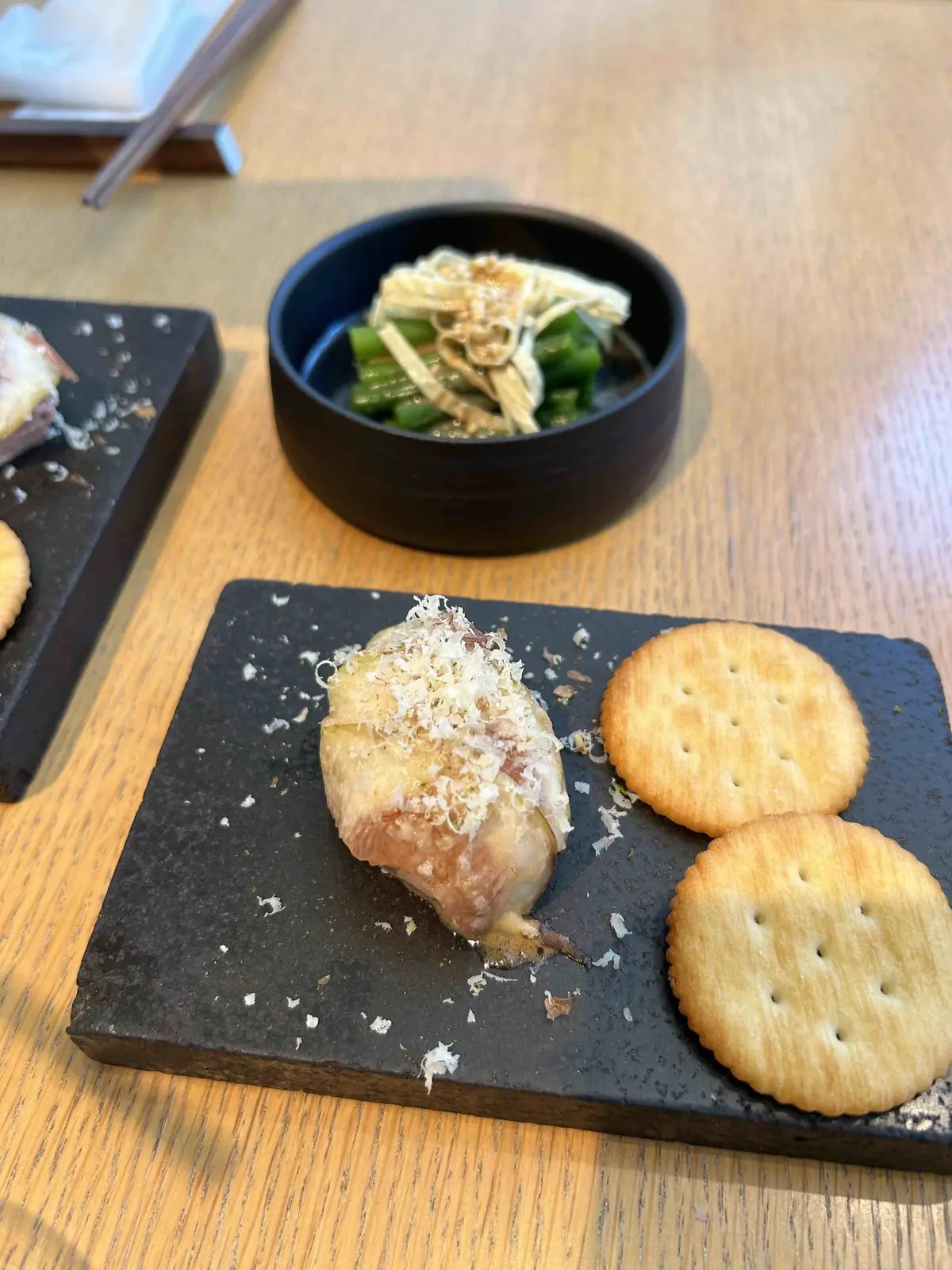 前菜　イチヂク　白レバー　湯葉　インゲン