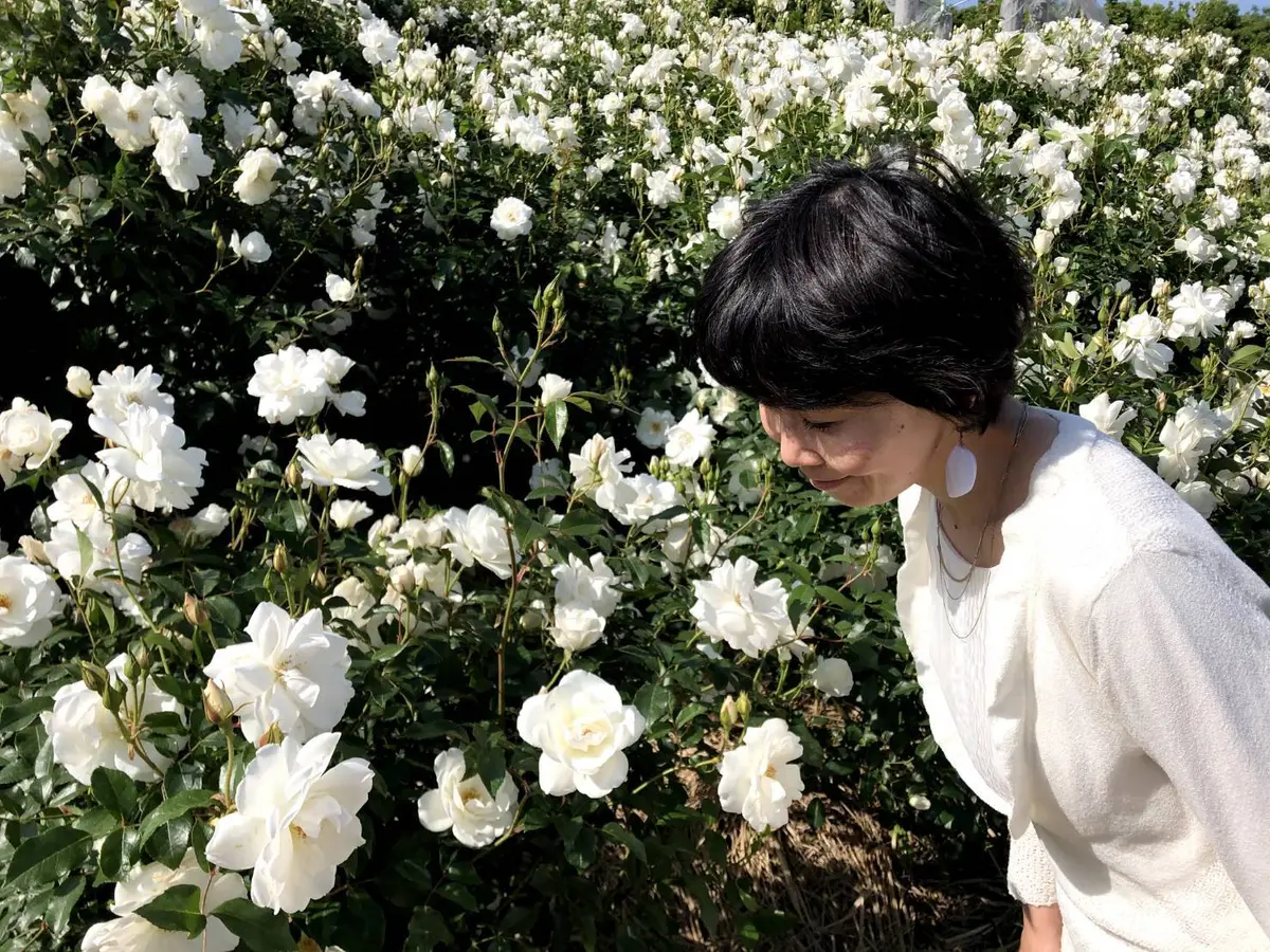 胸元のさりげないフリルと袖口のニュアンスを花びらとリンクさせてみましたら