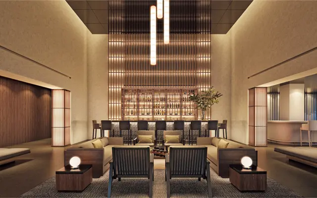 シックな雰囲気の1階ロビー。2階には宿泊者用ラウンジも