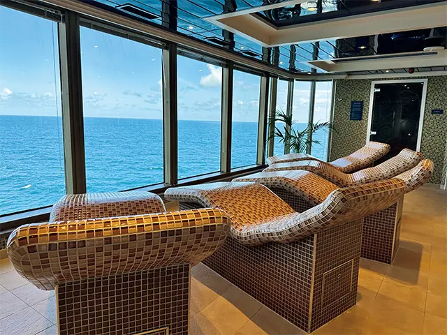 好きな時間 に使えるサウナや予約制のタイル貼りヒートベッドからは、海が 一望！ クジラが見えることも