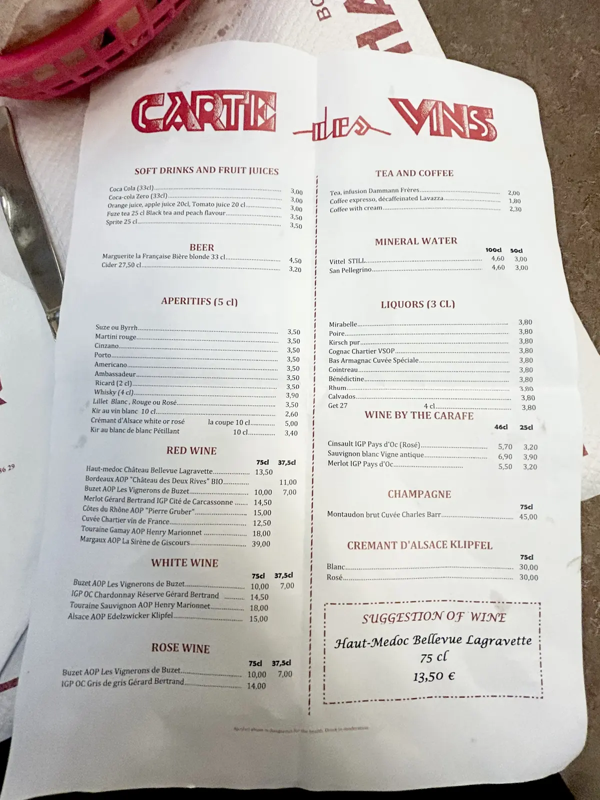 パリ　格安レストラン「Bouillon Chartier （ブイヨン・シャルティエ）メニュー