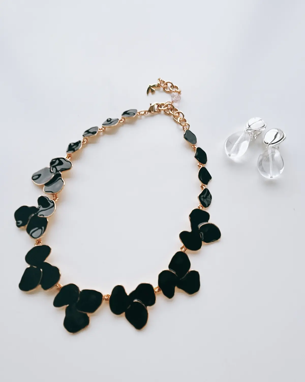 エクラプレミアム通販で取り扱うのは、黒の花びらネックレスと、クリアカラーのイヤリング。