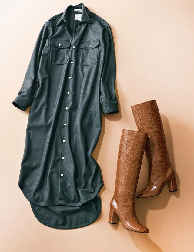 マディソンブルーのワンピースとアマンのロングブーツを合わせた最旬バランスコーデ