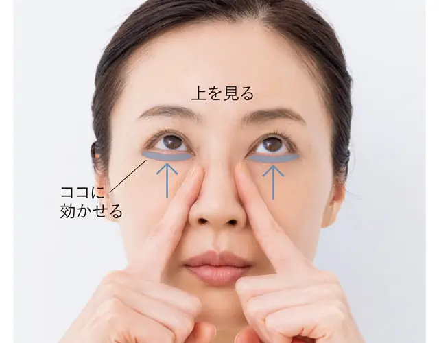目頭＝鼻の横を人さし指で軽く押さえる。上を向いて、下まぶたを引き上げるようにゆっくり10回まばたきし、10回目に下まぶたをぐっと引き上げキープ（2〜3セット）。