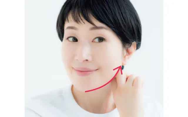 人さし指と中指を折り曲げてあごをはさみ、耳下腺まで流す。