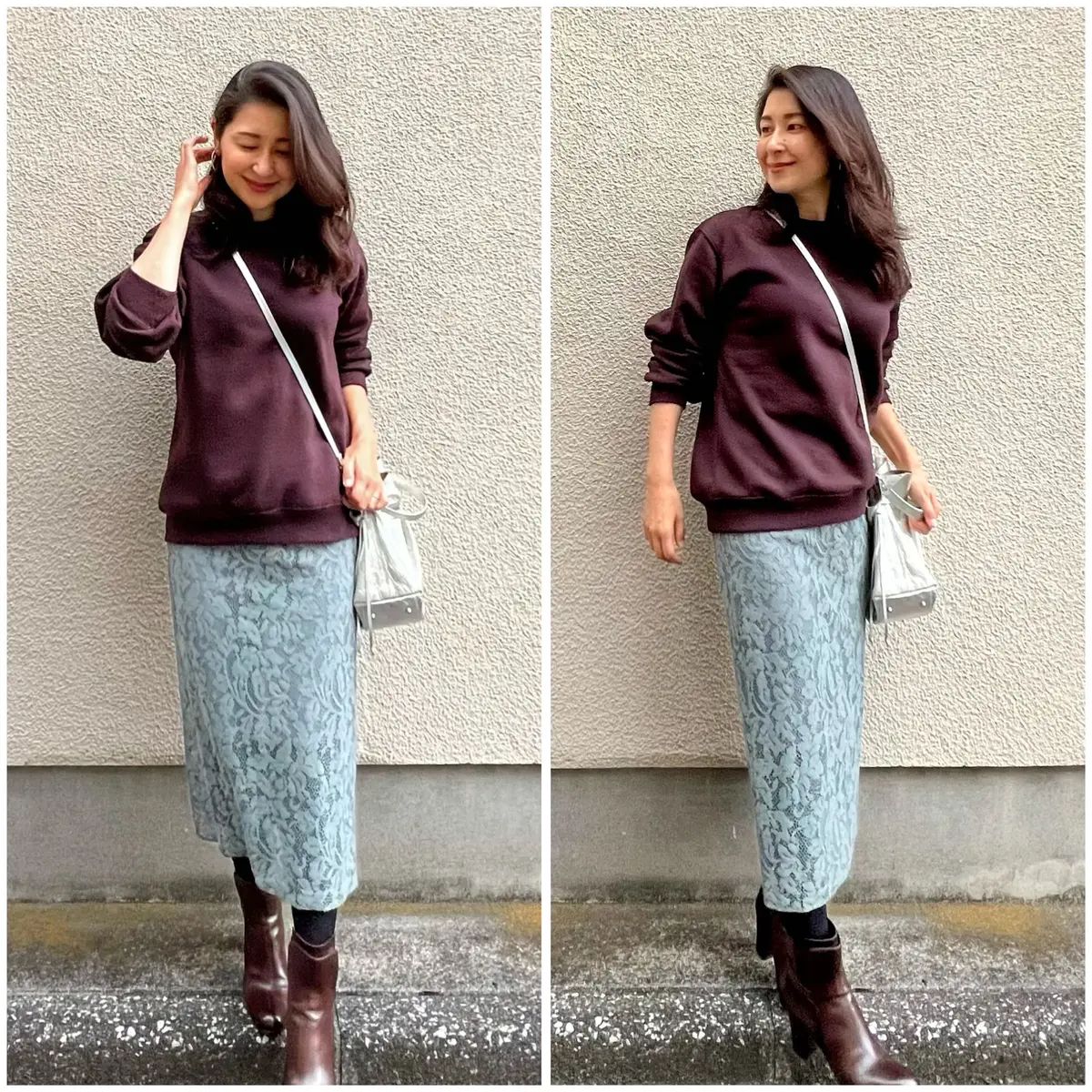 ブラウンのスウェットシャツ、レースタイトスカート、ポシェット、ブラウンのブーツ