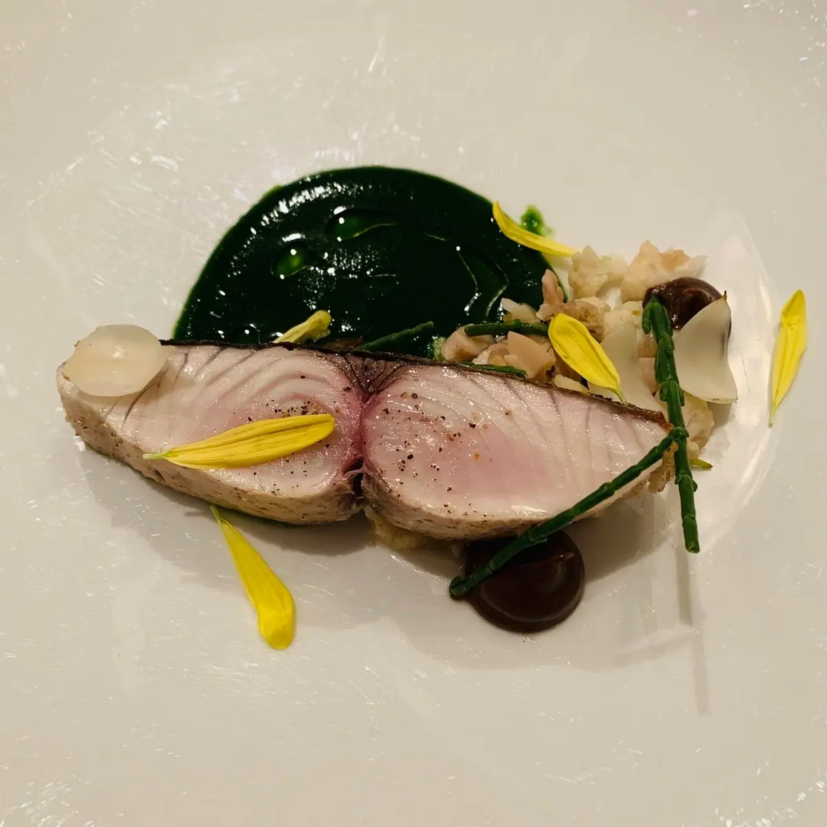 寒鰆のポワレ春菊のクーリ