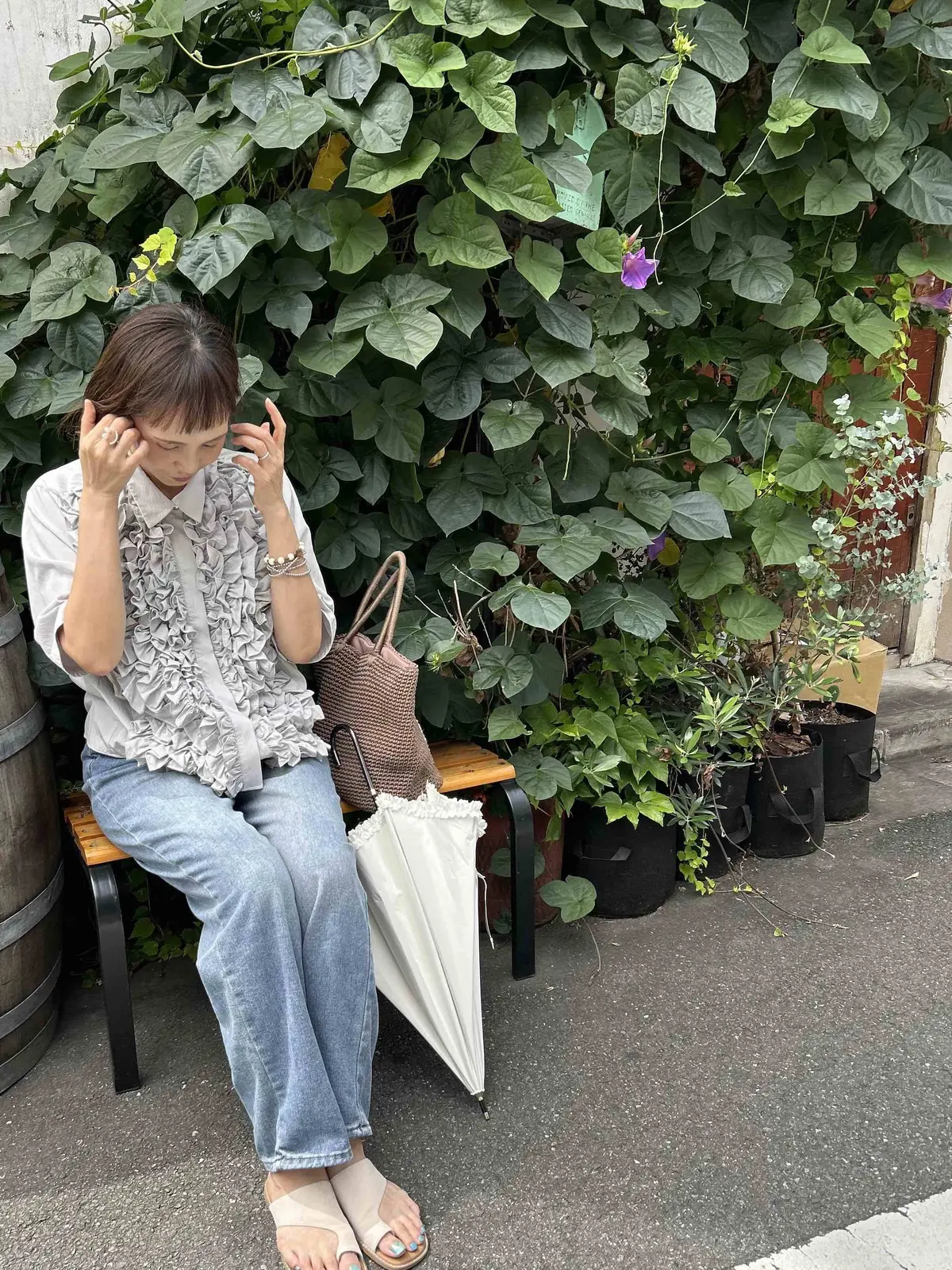 朝顔　店先　ベンチ