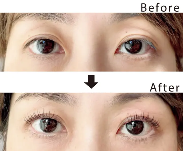 まつ毛パーマのビフォアとアフターを正面から見た画像