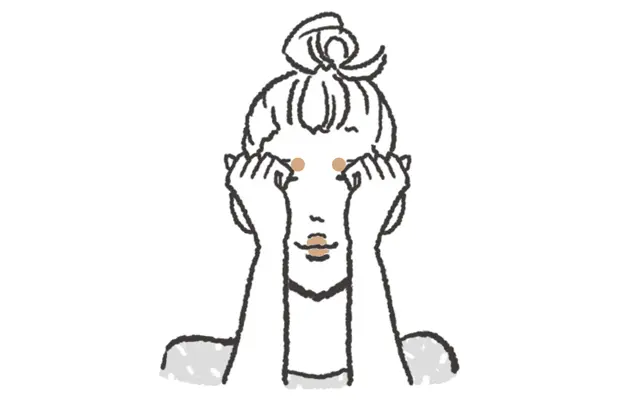 目の奥の痛みには眉頭にある「攅竹」。 手を握り指の第2関節を眉に沿って当て、眉頭を中心にグリグリ。