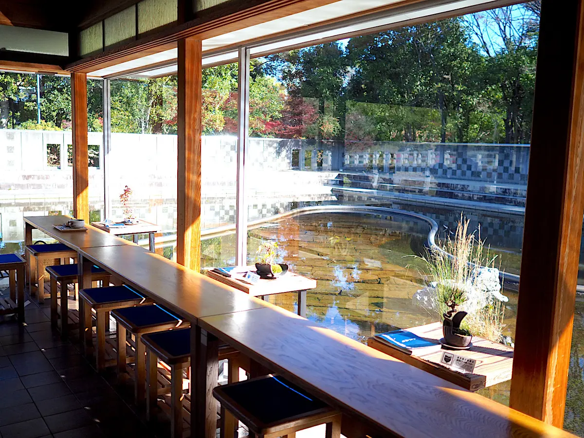 汐入の窓から眺める庭園内の池。