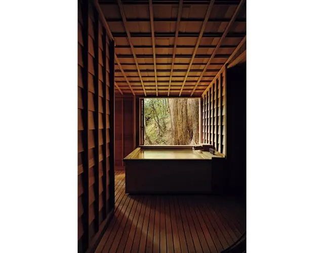 樹齢数百年の杉の木肌を眺めながら入る半露天風呂は唯一無二の存在感