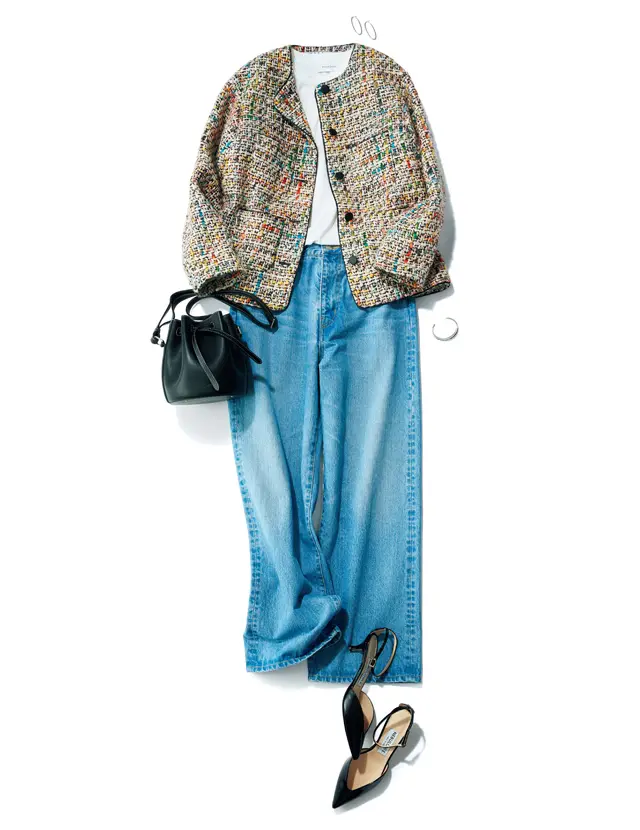 とびきり上品なカジュアルダウンができるミックスツイードとデニムの組み合わせ